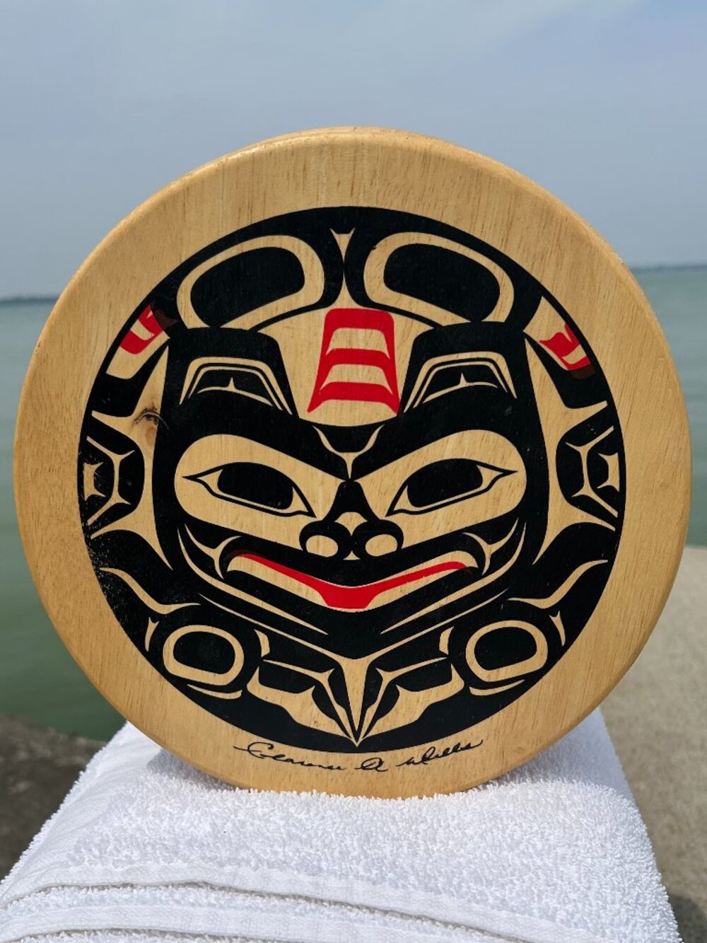 Clarence A Wells First Nations Signed Round Wood Box Northwest Coast Art Vintage